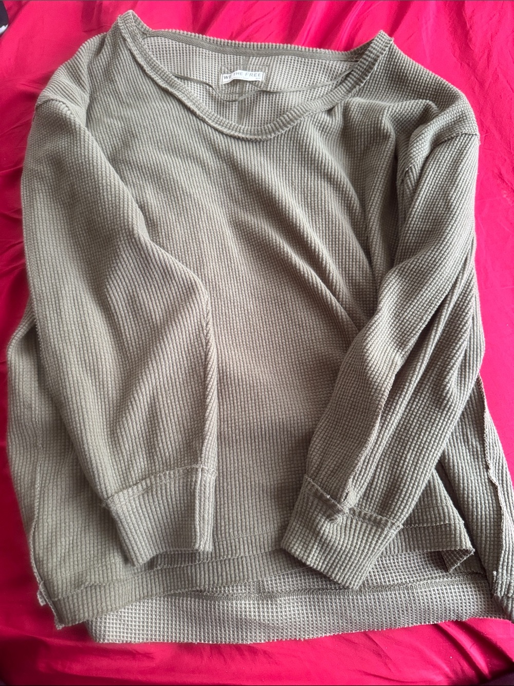 We The Free Olive Green Waffle-Knit Crewneck Sweater